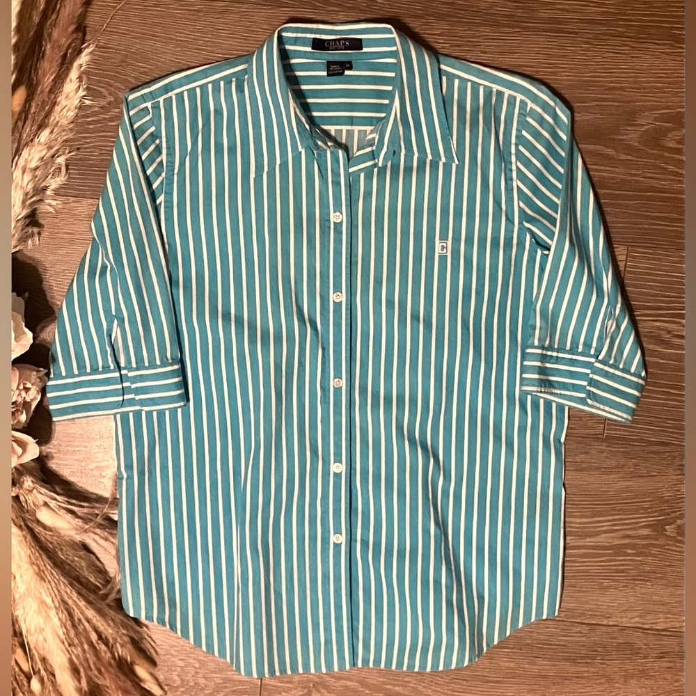 Chaps Turquoise Striped Button Down Shirt with Half Sleeves